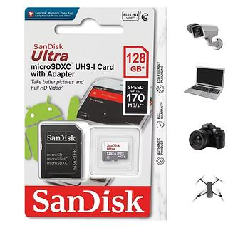 Cartão Memória Sandisk Micro SD Ultra 128G Com Adaptador Computador e Câmera Fotográfica