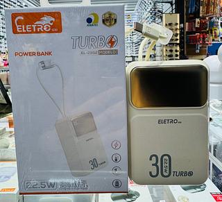 ￼Power Bank 30000mAh Turbo 22.5W Eletromex EL-2952 com Display Digital, Cabos Integrados Tipo-C e Lightning, Carga Rápida