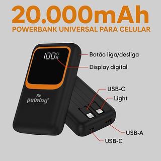 Carregador Portátil Power Bank Turbo 20.000mah Pd 22.5w Com Cabos Embutidos Cor Preto Peining