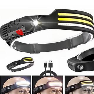 ￼Lanternas Cabeça 3 Fitas Led Com Sensor Multifuncional Recarregável USB Pesca Camping Tátíca