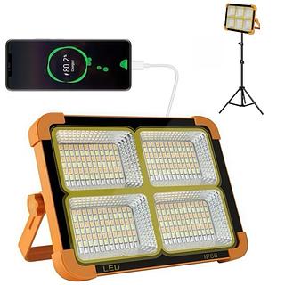 Refletor LED portátil alimentado por energia solar, recarregável via USB, para uso em trabalhos.
