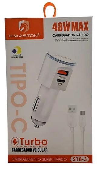 Carregador veicular 48W turbo s18-3 cabo tipc