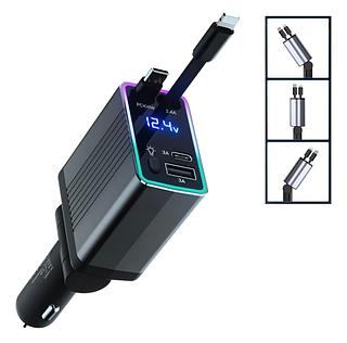 Carregador Veicular Turbo Retrátil 4 Em 1 Usb Tipo-c 120w Preto