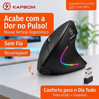 ￼Mouse Vertical Ergonômico Sem Fio Recarregável Kapbom KA-612 USB Bluetooth Silencioso para Notebook PC Gamer