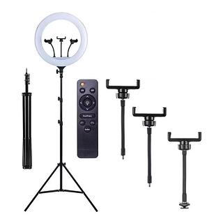 Ring Light 18" Profissional com Tripé 2,10m + 3 Suportes Celular e Controle