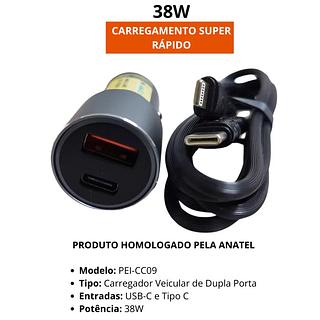 arregador Veicular Turbo 3.4A QC3.0 Entrada USB e tipc Cabo de iOS - Peining PEI-CC09 iOS