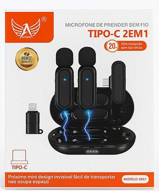 Microfone De Lapela 2 Em 1 Lightning E Tipo C Altomex ComPreto